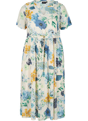 Midi-jurk met korte mouwen en bloemenprint, AOP Flower, Packshot image number 0