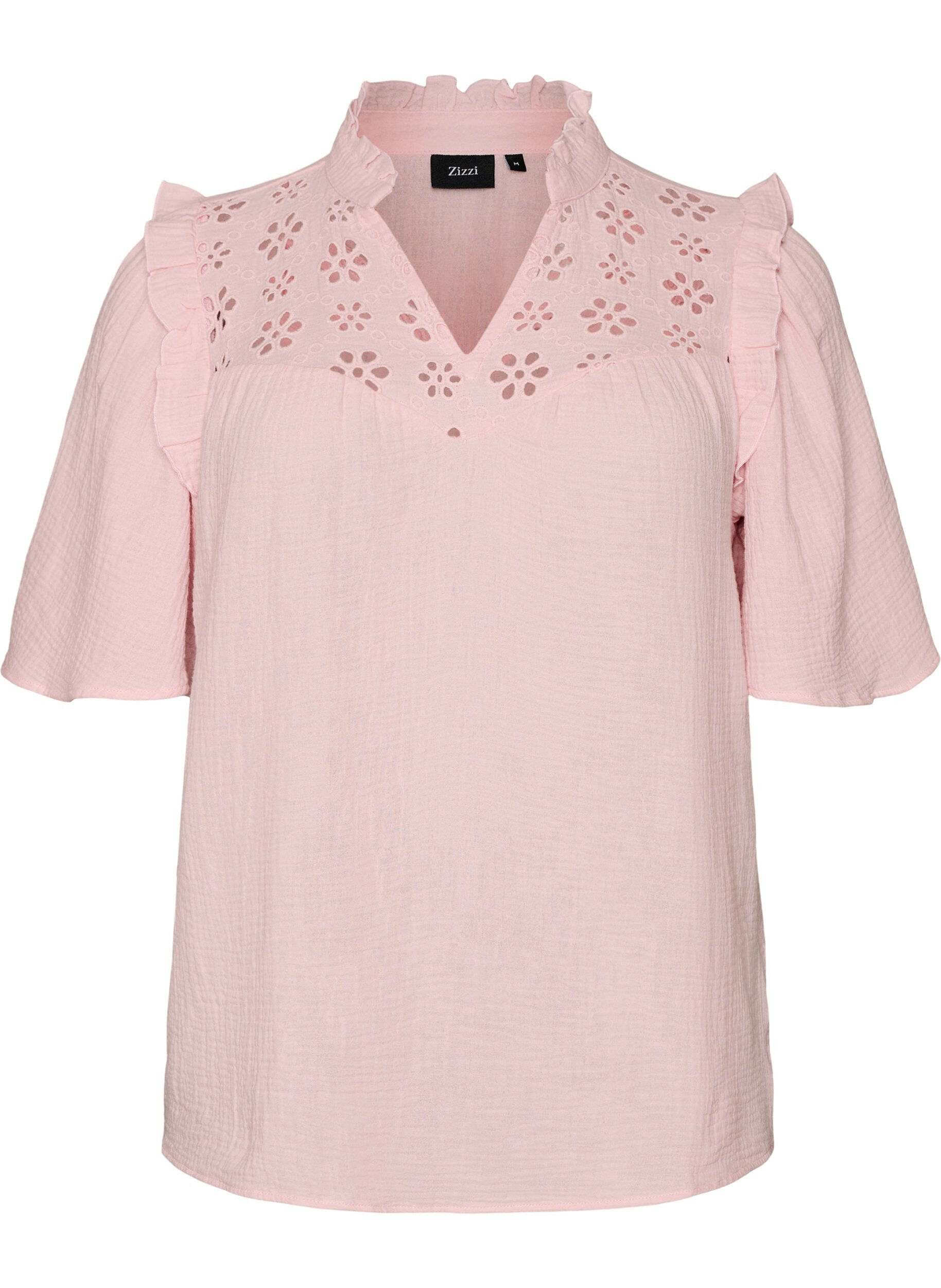 Blouse in katoen mousseline met broderie anglaise en 1/2 mouwen