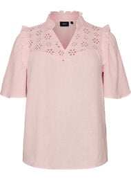 Blouse in katoen mousseline met broderie anglaise en 1/2 mouwen, Roze