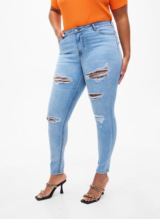 Slim fit jeans met slijtagedetails, Light Blue, Model image number 2