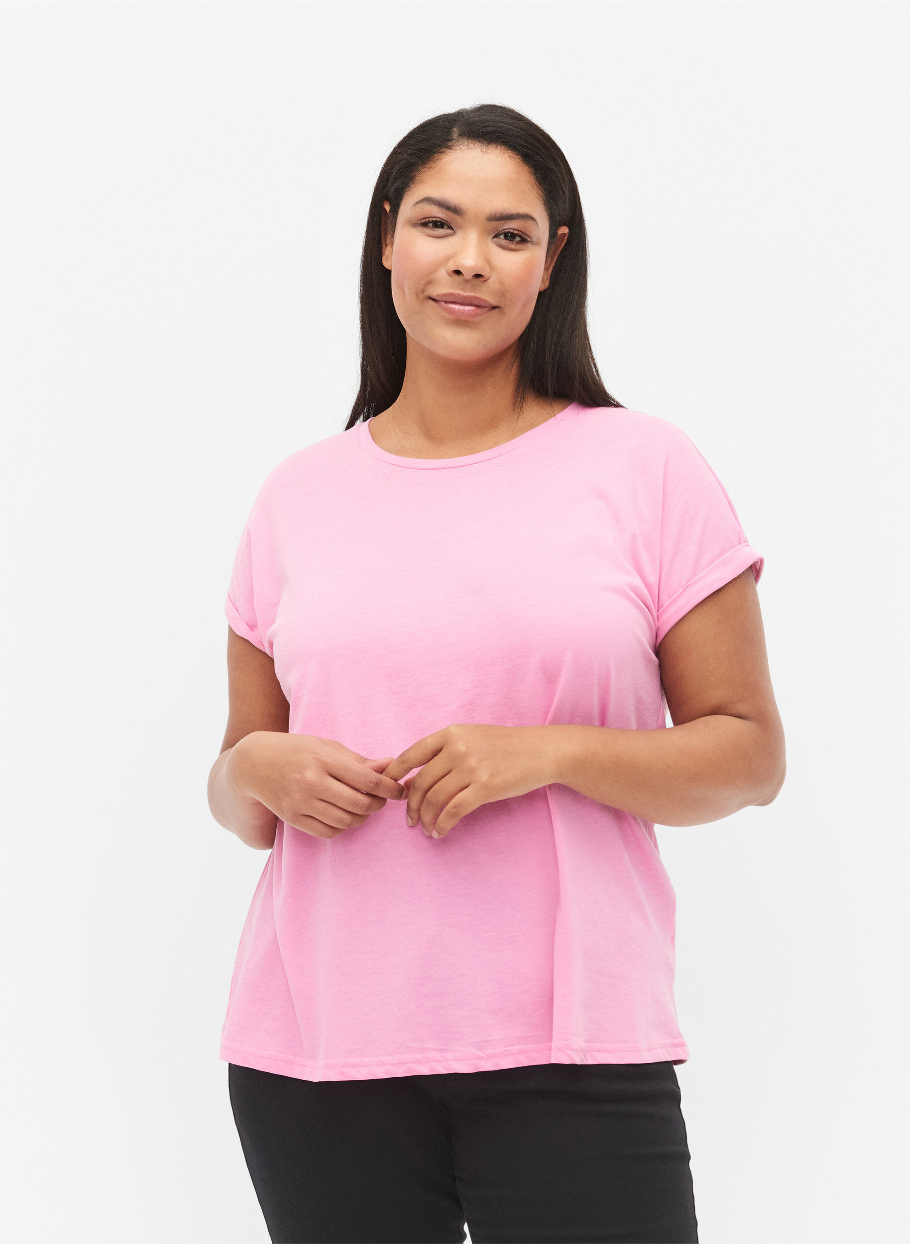 Zizzi T-shirt met korte mouwen van katoenmix, Roze, Model image number 0