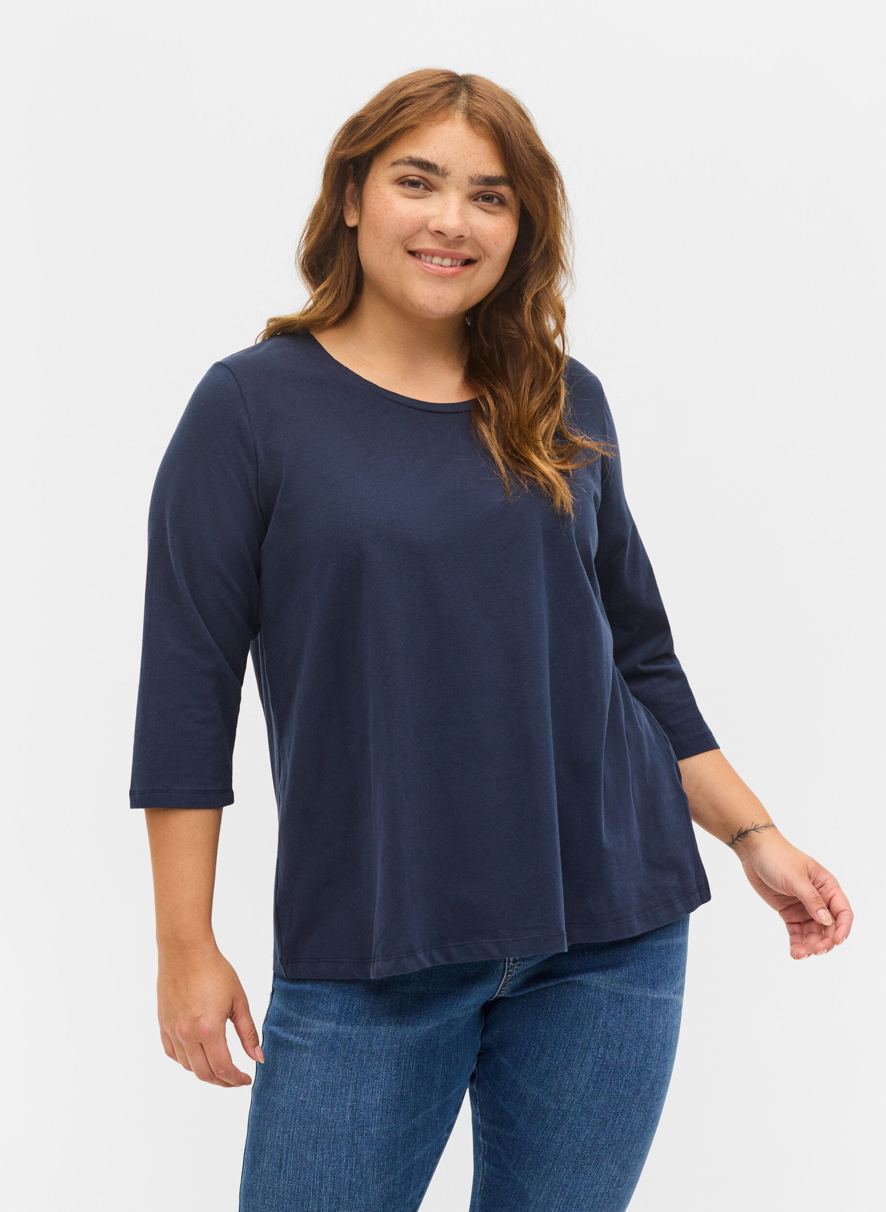 Zizzi Basic katoenen t-shirt met 3/4 mouwen, Blauw, Model image number 0