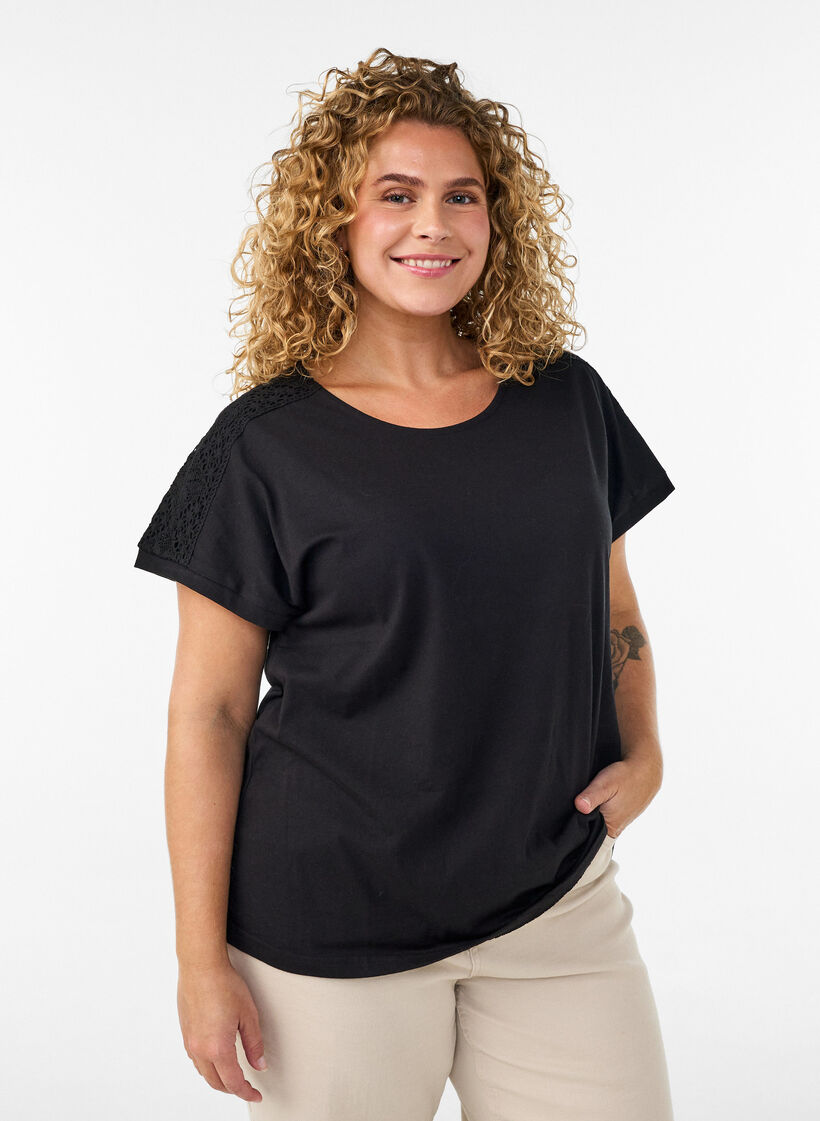 Katoenen T-shirt met haakdetail, Zwart, Model image number 0