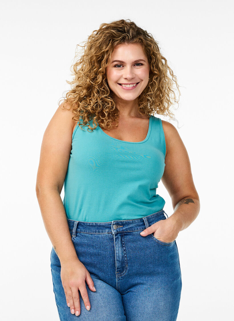 Solide kleur basis top in katoen, Blauw, Model image number 0