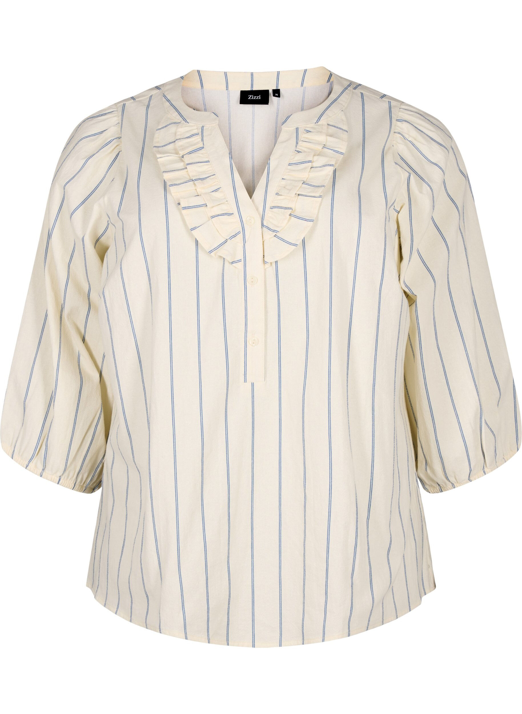 Zizzi Katoenen blouse met 3/4 mouwen en strepen, Eggnog Stripe, Packshot image number 0