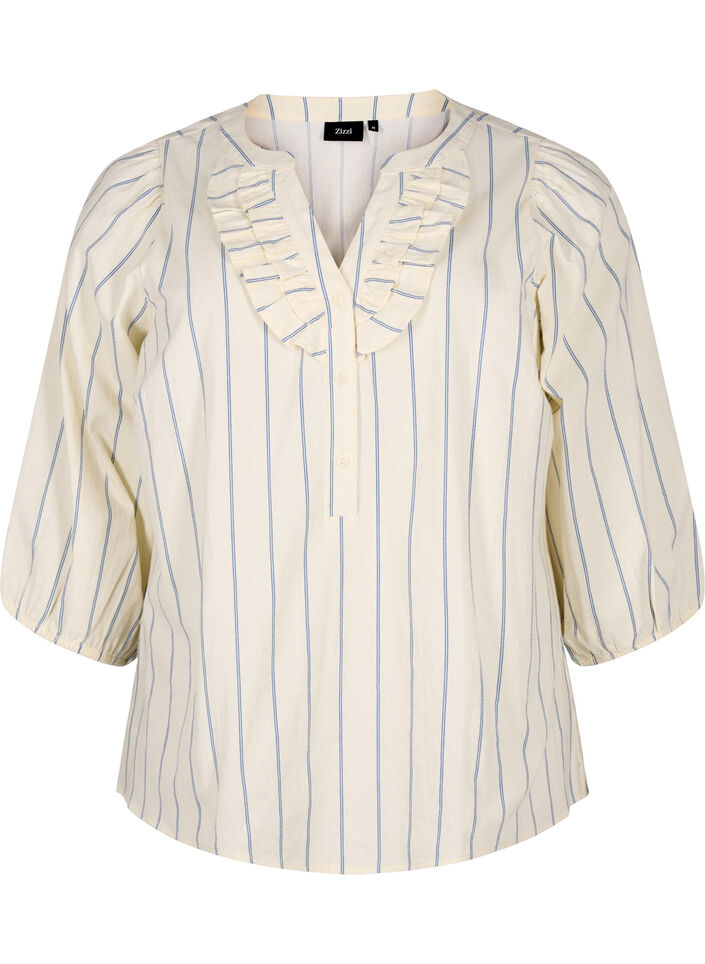 Katoenen blouse met 3/4 mouwen en strepen, Eggnog Stripe, Packshot image number 0