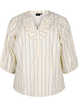 Katoenen blouse met 3/4 mouwen en strepen, Eggnog Stripe, Packshot image number 0