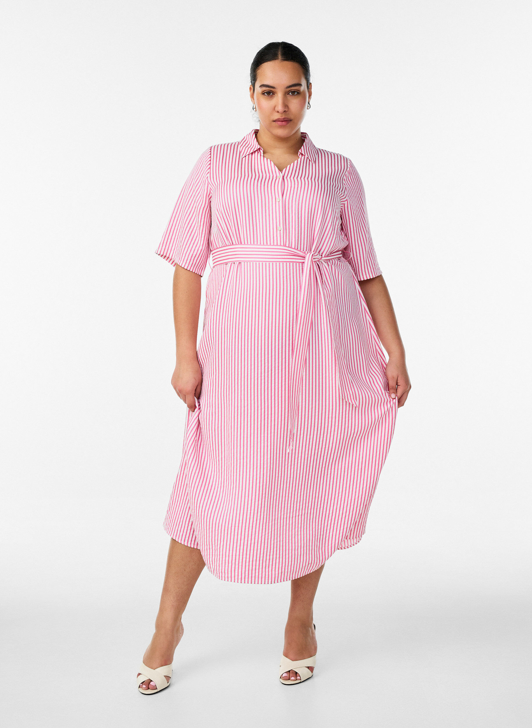 ZizziEnkellange overhemdjurk met strikceintuur en strepen, Roze, Model image number 0