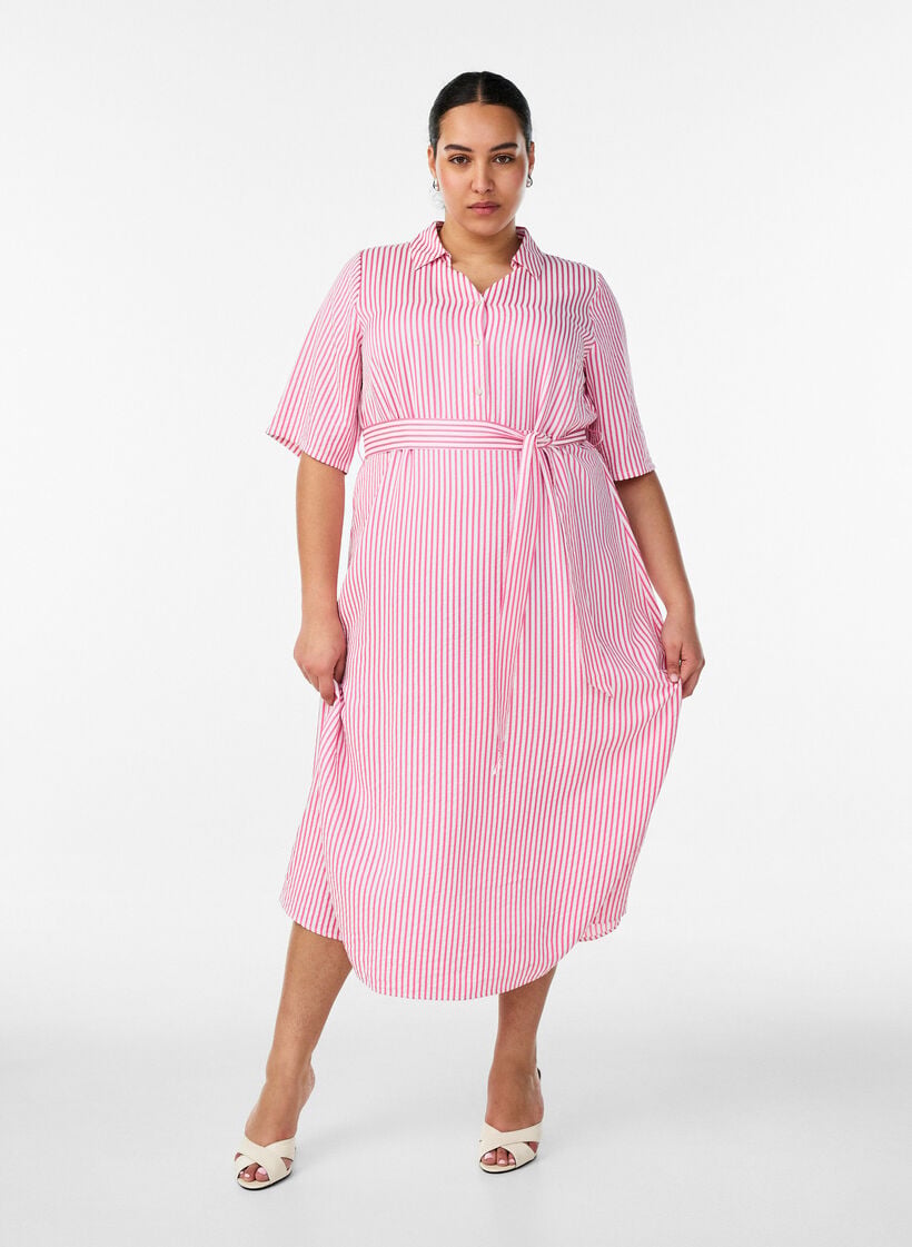 Enkellange overhemdjurk met strikceintuur en strepen, Roze, Model image number 0
