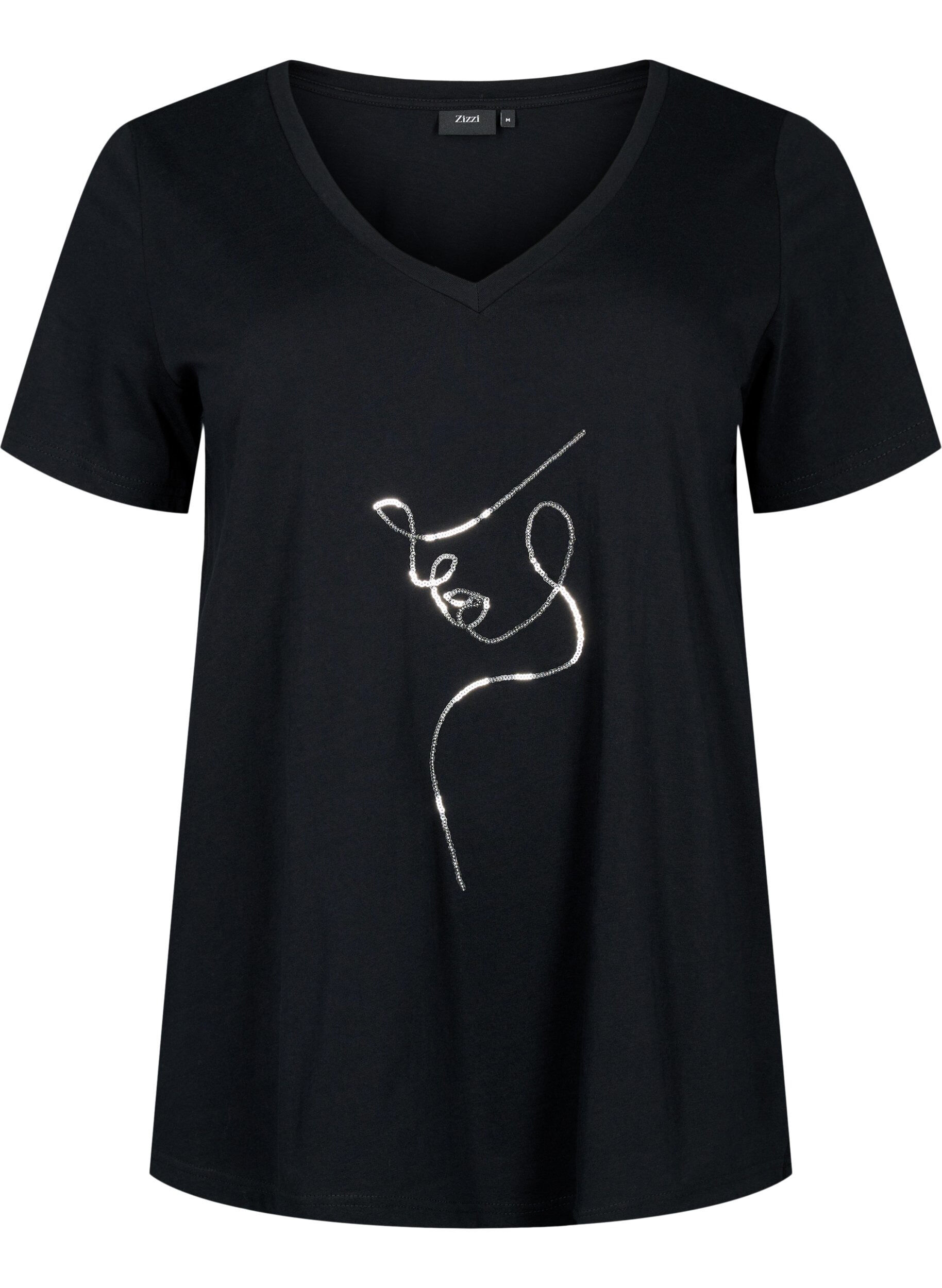Zizzi Katoenen T-shirt met pailletten, Black W. Face, Packshot image number 0