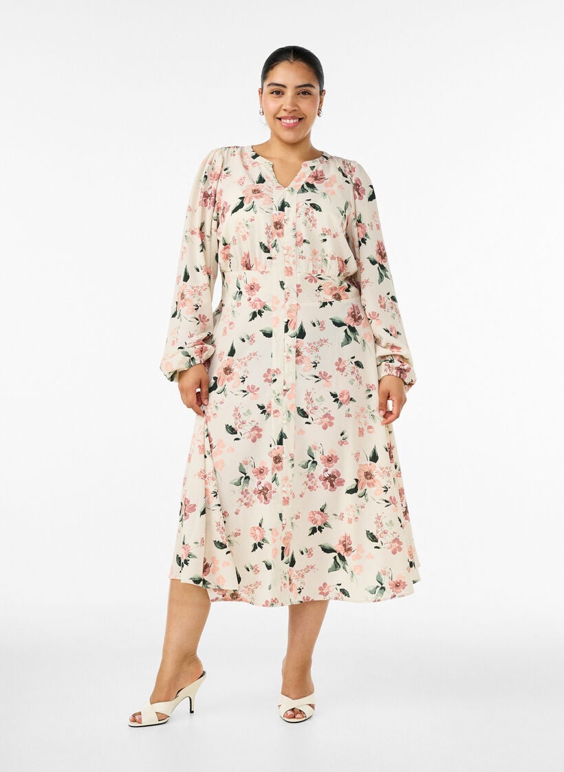 Midi-jurk met smock en decoratieve knopen, Beige, Model image number 0