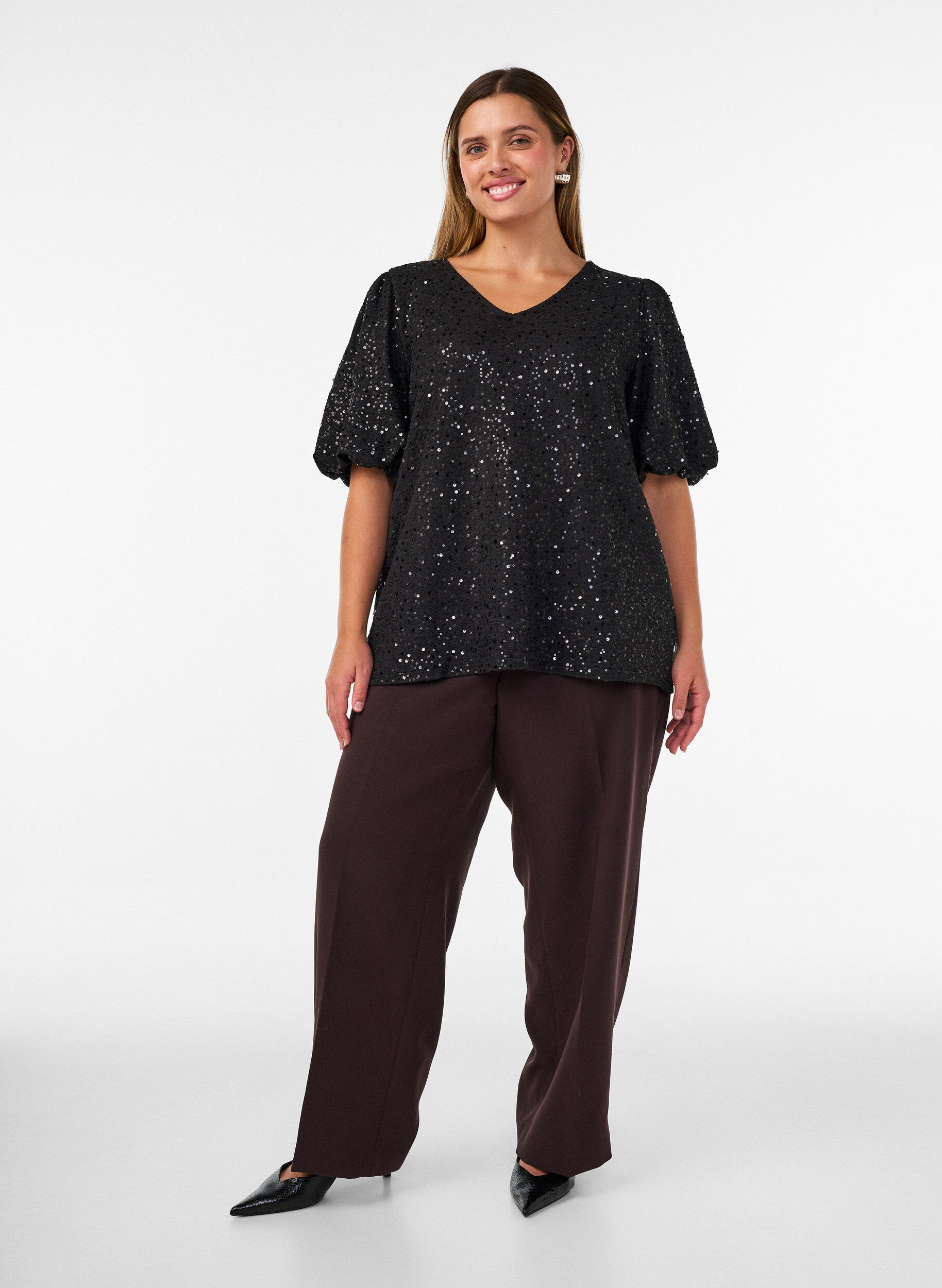 ZizziBlouse met pailletten en ballonmouwen, Zwart, Model image number 1