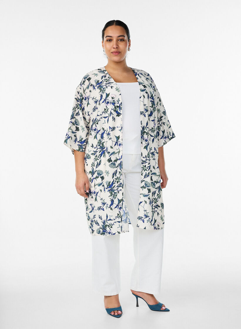 Kimono met viscose met 3/4 mouwen, Blauw, Model image number 1
