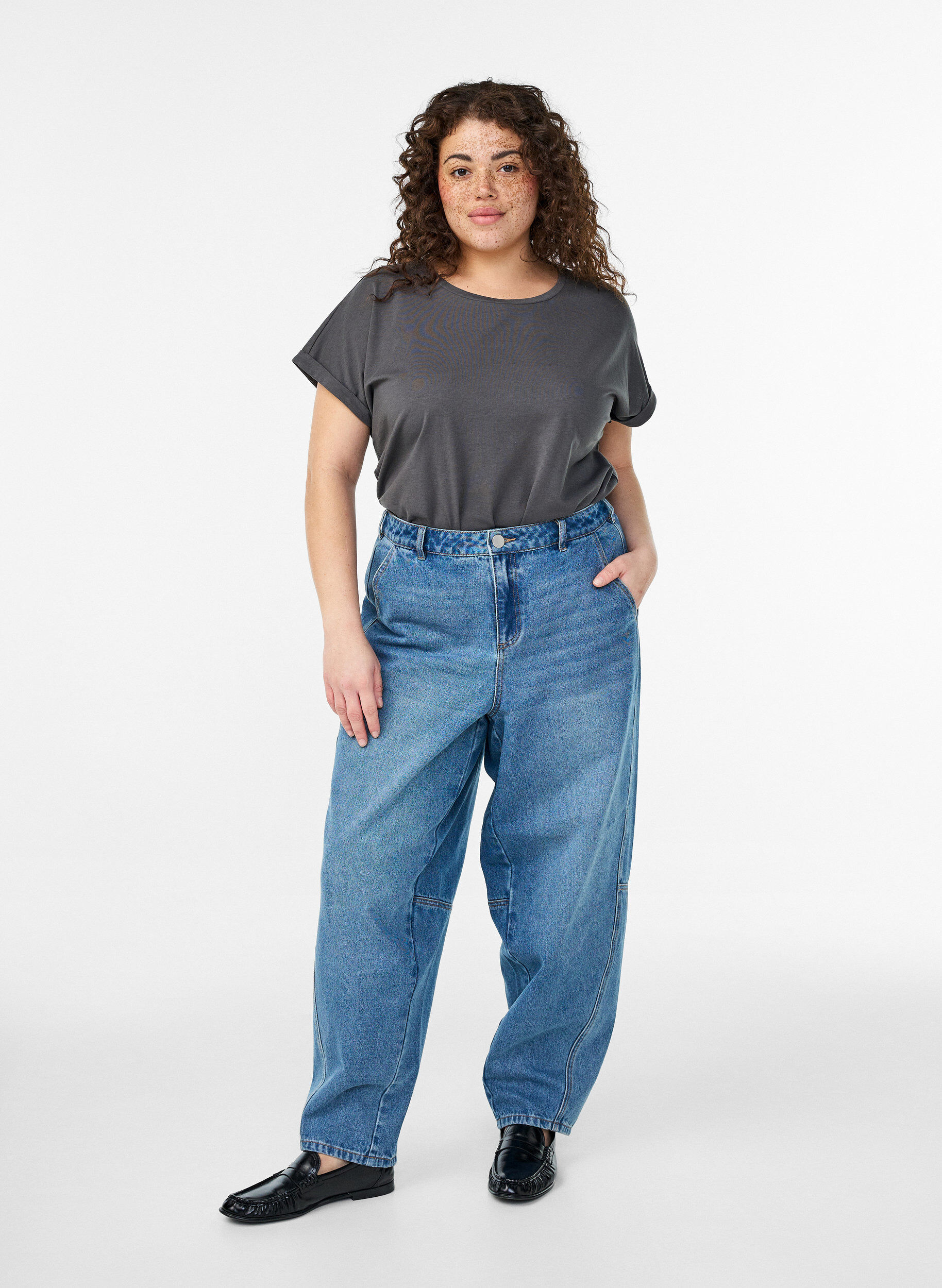 Zizzi T-shirt met korte mouwen van katoenmix, Grijs, Model image number 1