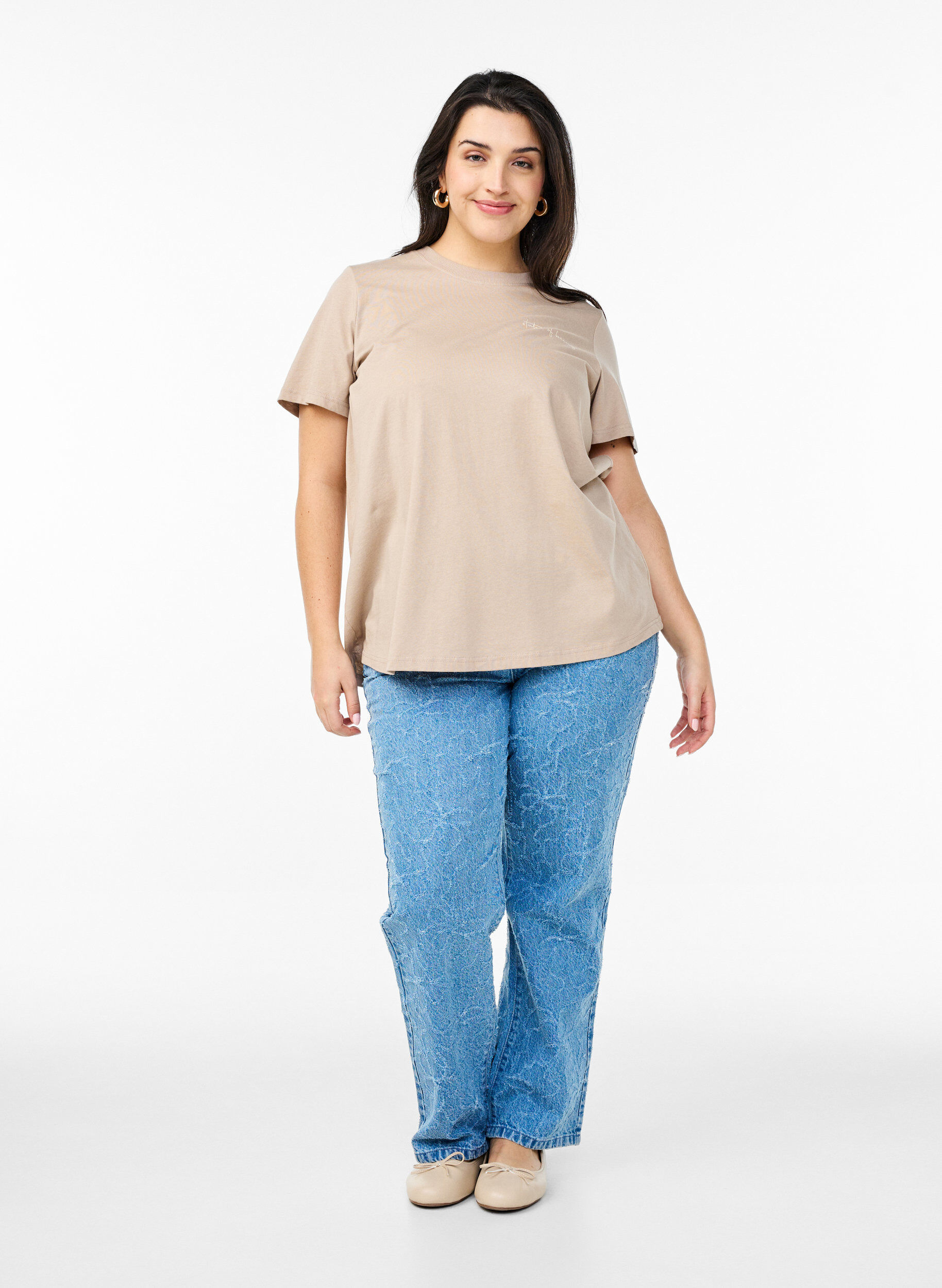 ZizziT-shirt met tekstprint en ronde hals, Bruin, Model image number 1