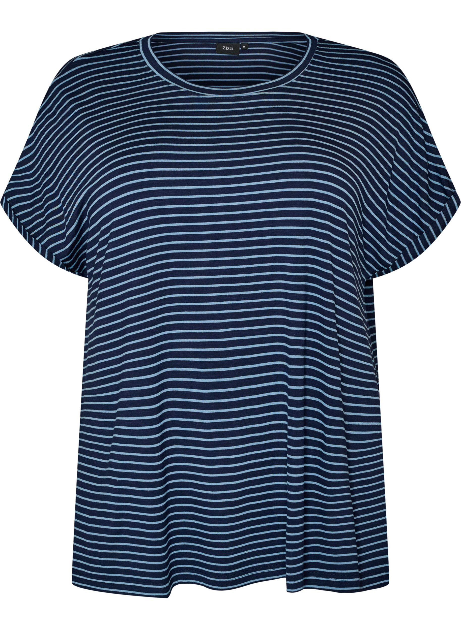 ZizziGestreept T-shirt in viscose met een ronde hals, Blauw, Packshot image number 0