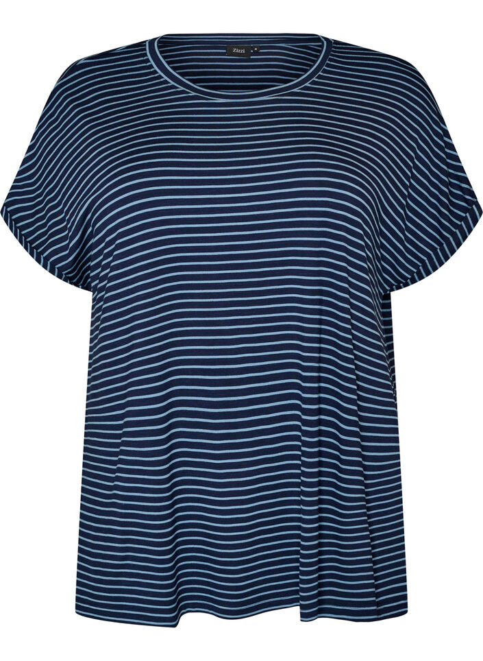 Gestreept T-shirt in viscose met een ronde hals, Blauw, Packshot image number 0