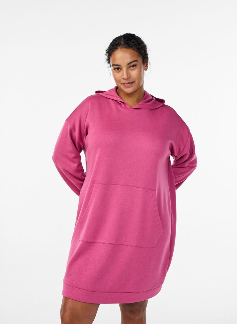 Korte hoodie jurk met een kangoeroezak, Roze, Model image number 0