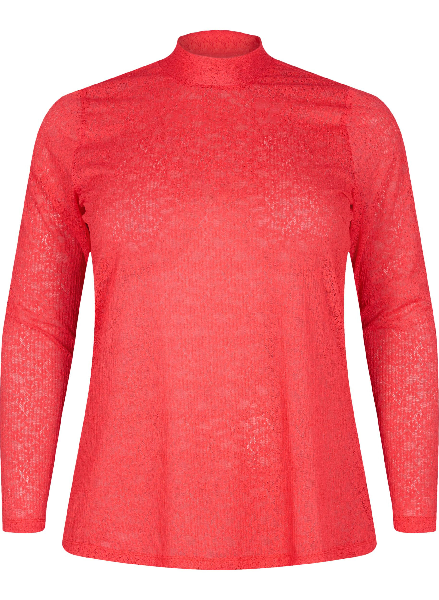Zizzi Nauwsluitende kanten blouse met lange mouwen, Hibiscus, Packshot image number 0