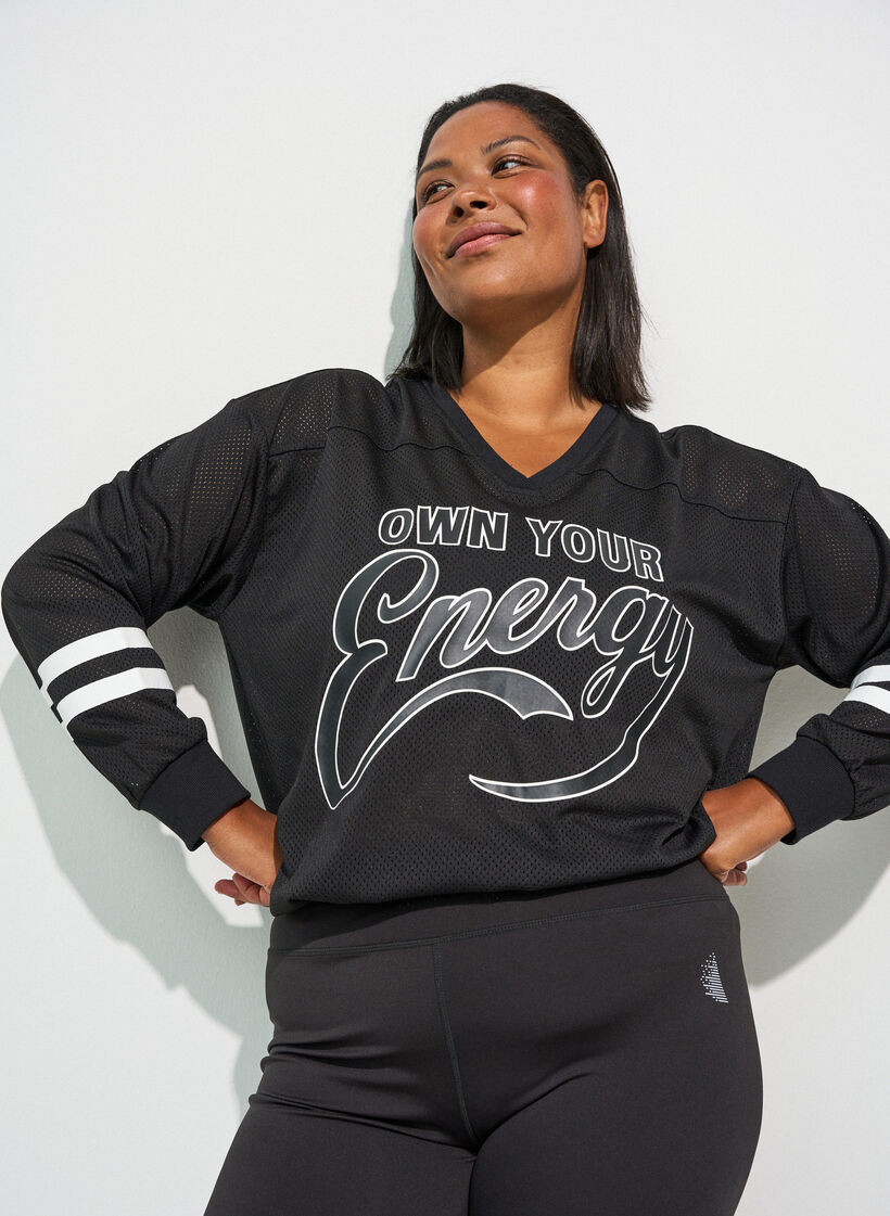 Sporty mesh-top met tekstprint, Zwart, Model image number 3