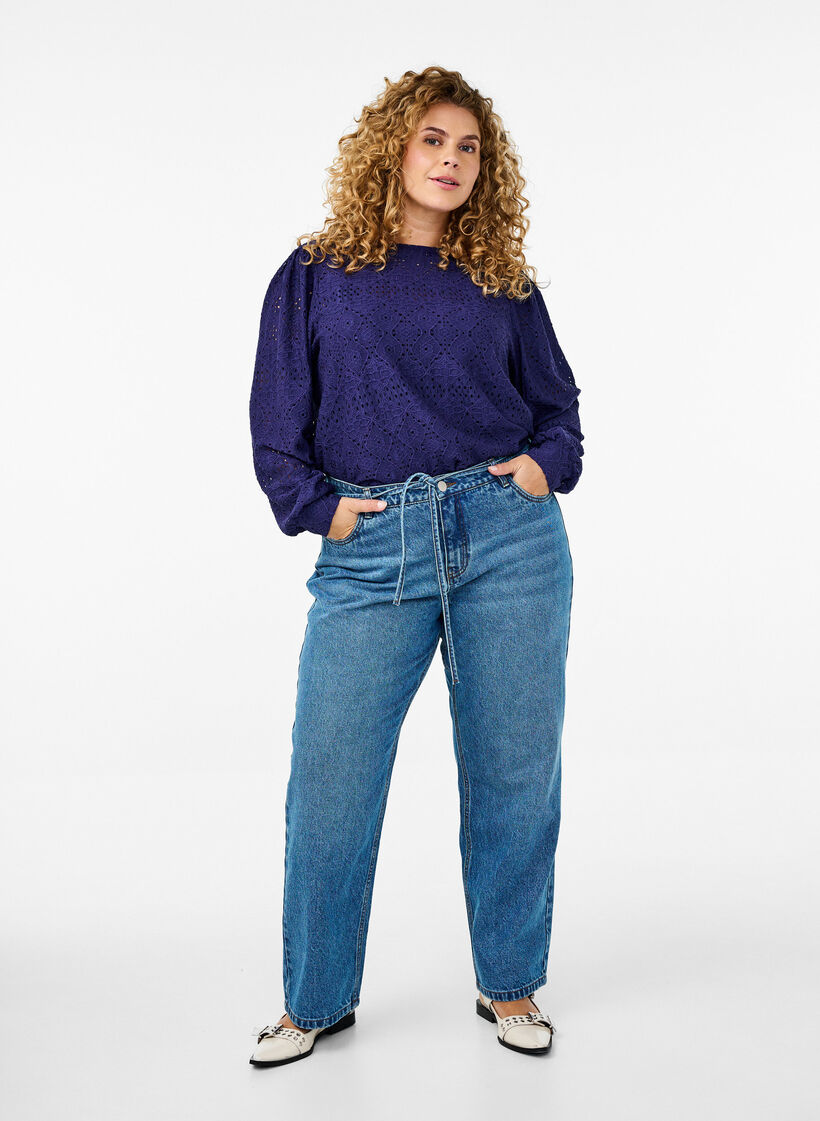 Blouse met lange mouwen en een opengewerkt patroon, Paars, Model image number 1