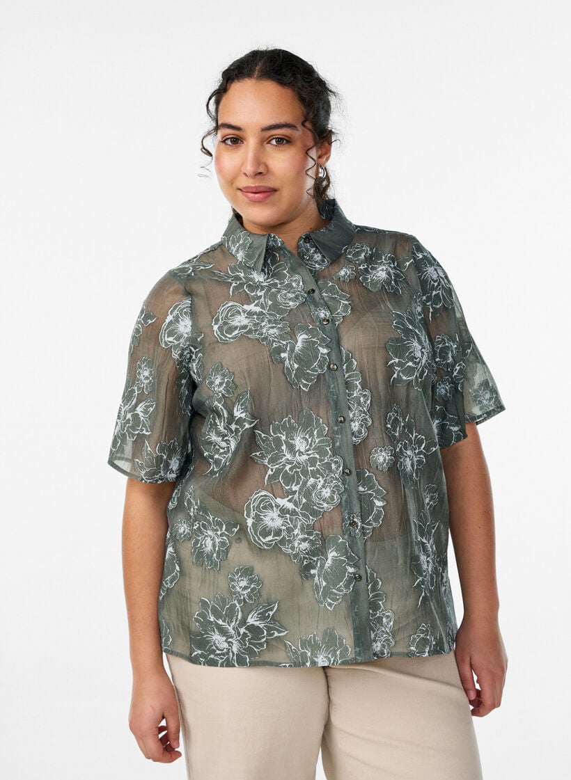 Transparante blouse met bloemenprint, Groen, Model image number 0