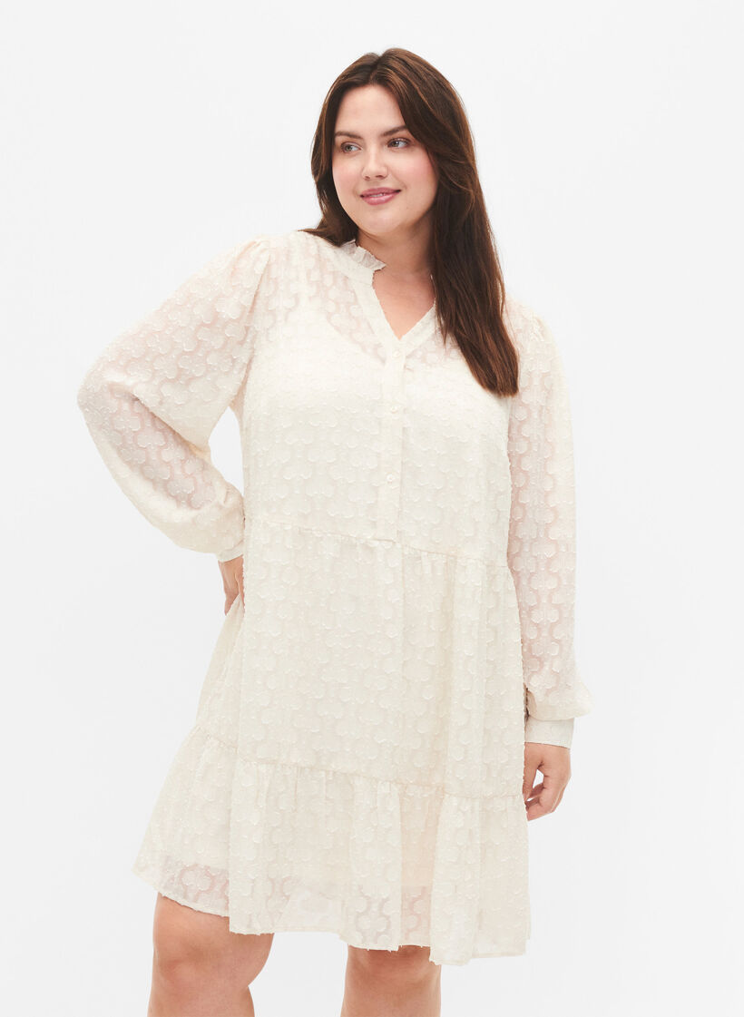 Jacquard jurk met ruche kraag, Birch, Model image number 0