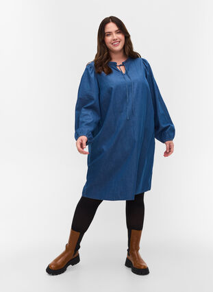 Katoenen denim jurk met strikdetails, Blue denim, Model image number 2