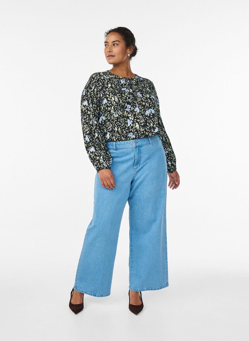 Blouse met lange mouwen met patroon en knopen, Zwart, Model image number 1