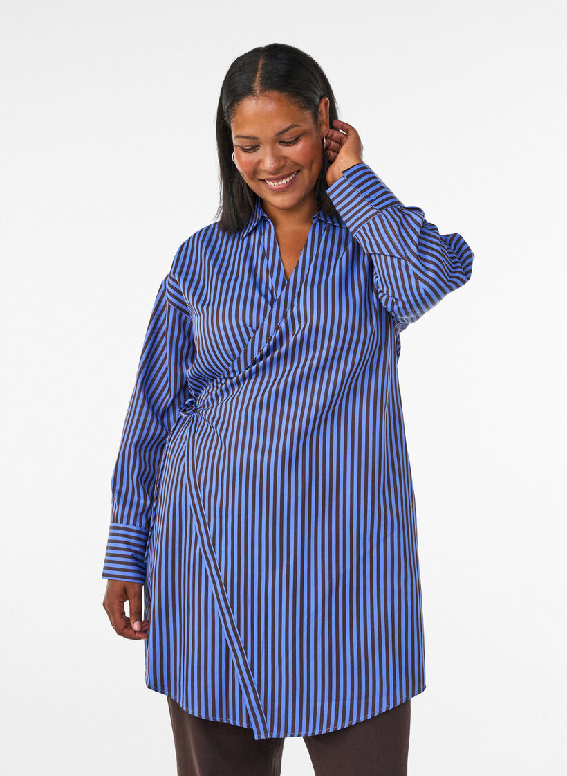 Gestreept shirt met wikkel-effect en een strikceintuur, Blauw, Model image number 0