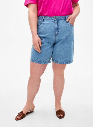 Hoge taille korte spijkerbroek, Light Blue Denim, Model image number 2