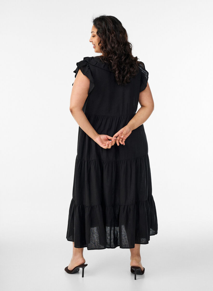 Mouwloze midi jurk in linnen en viscose met ruches, Zwart, Model image number 1