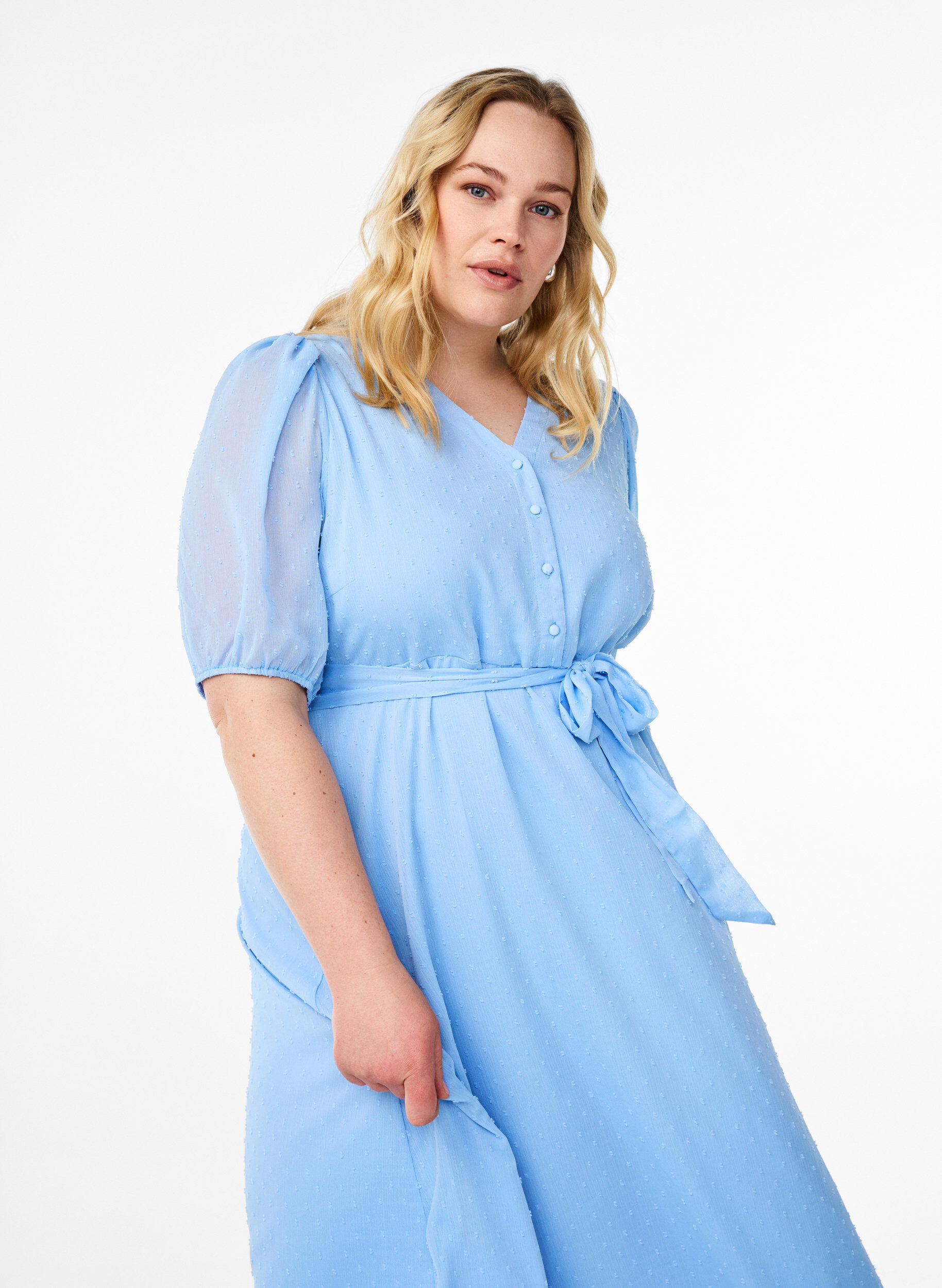 ZizziMidi jurk met V-hals en striksluiting, Blauw, Model image number 2