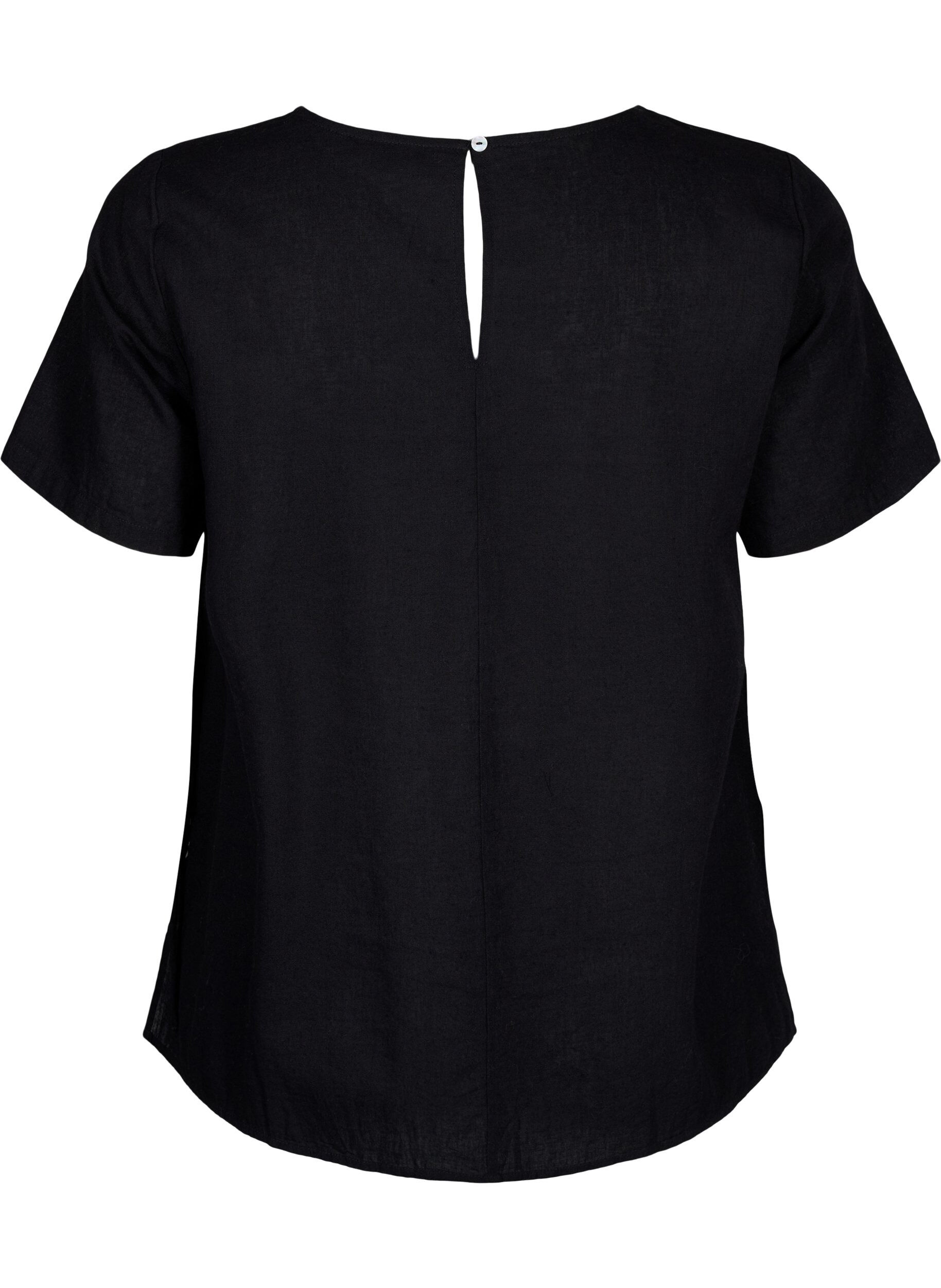 Zizzi Blouse met korte mouwen van katoenmix met linnen en kanten details, Black, Packshot image number 1