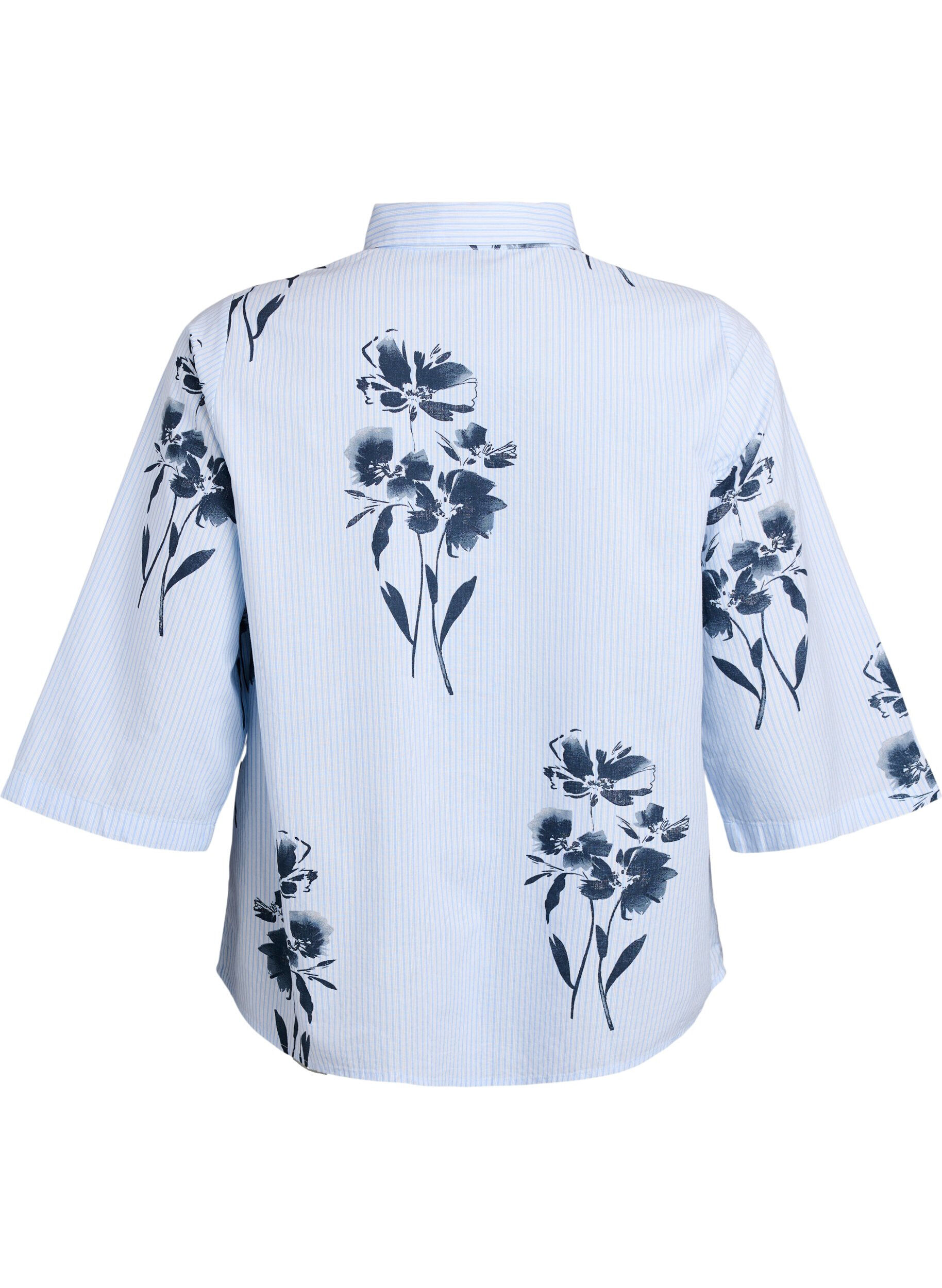 Zizzi Gestreept overhemd met bloemenprint en 3/4 mouwen, Blauw, Packshot image number 1