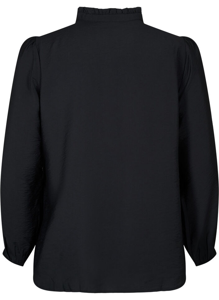Viscose overhemdblouse met rucheskraag, Black, Packshot image number 1