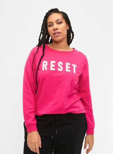 Sweatshirt met tekst, Fuchsia P. W. Reset, Model image number 0