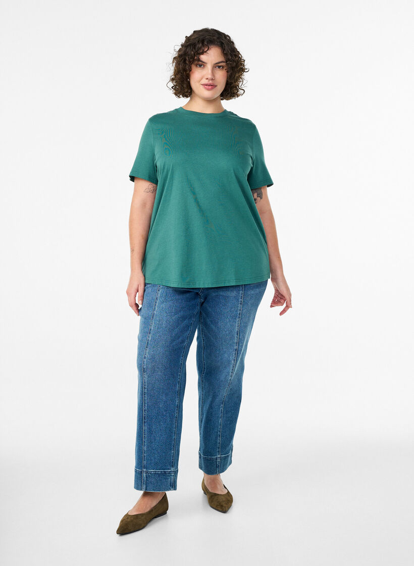 Basic katoenen T-shirt met ronde hals, Groen, Model image number 1