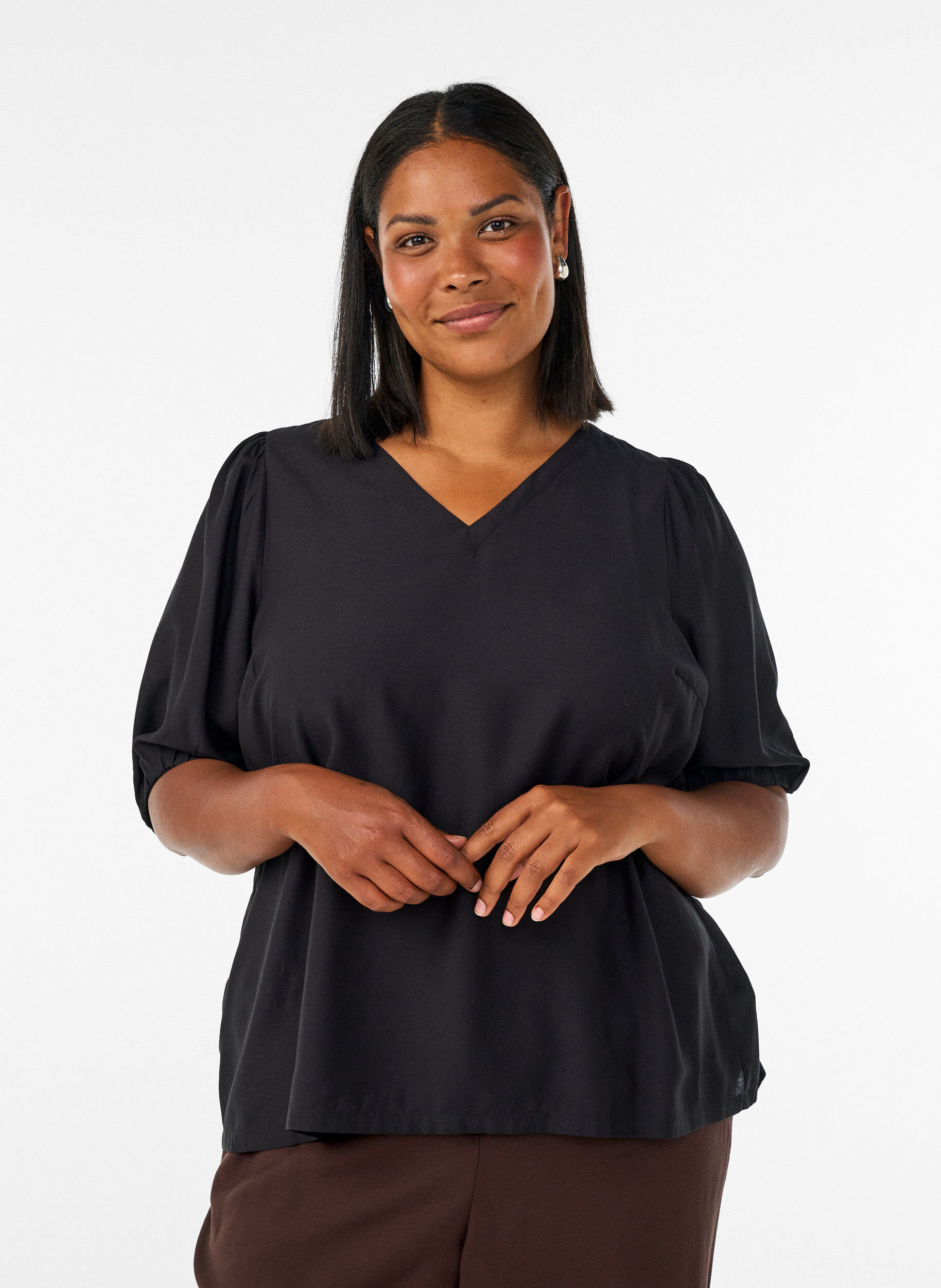 Viscose blouse met V-hals, Zwart, Model
