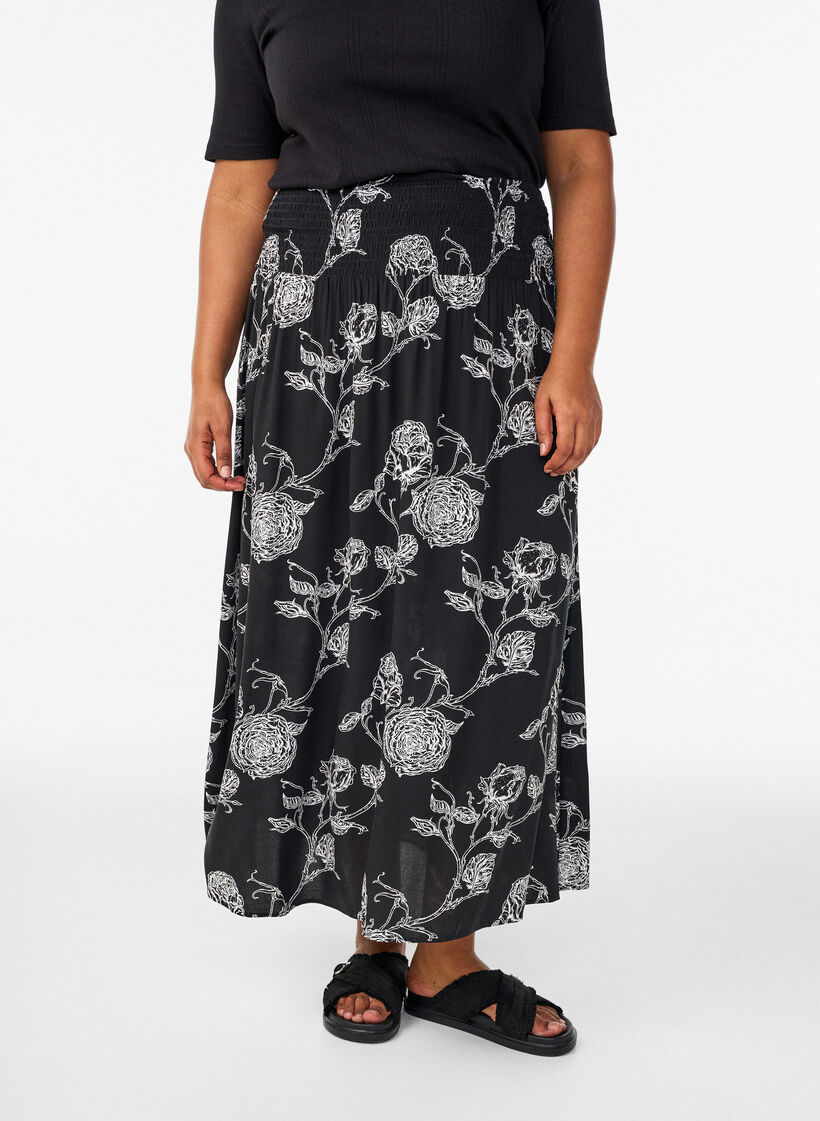 Viscose maxi-rok met smock, Zwart, Model image number 2