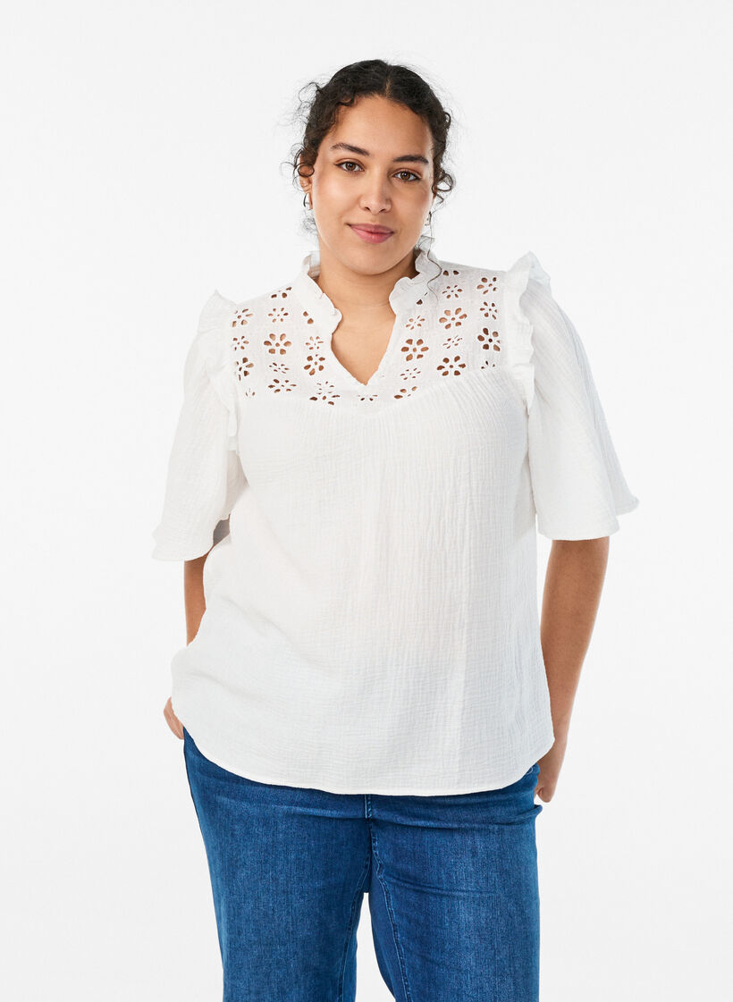 Blouse in katoen mousseline met broderie anglaise en 1/2 mouwen, Wit, Model image number 0