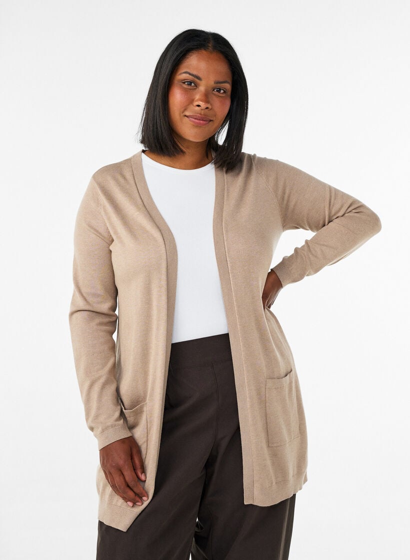 Lang gebreid vest in viscosemix, Beige, Model image number 0