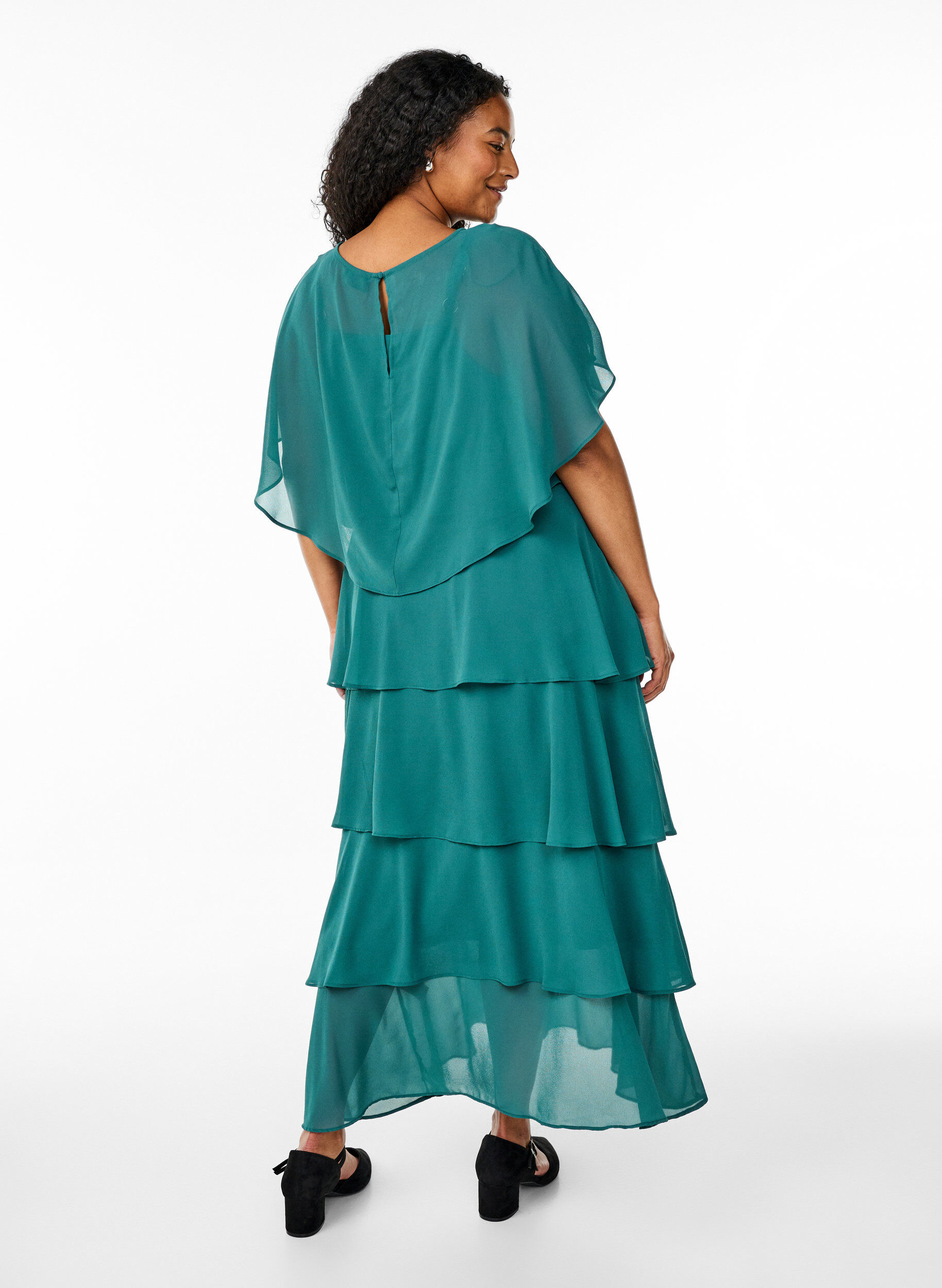 Zizzi Maxi jurk met ruches en afneembare cape, Groen, Model image number 2