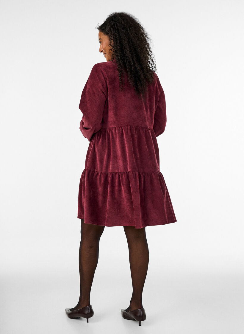 Corduroy jurk met A-lijn en opstaande kraag, Rood, Model image number 2