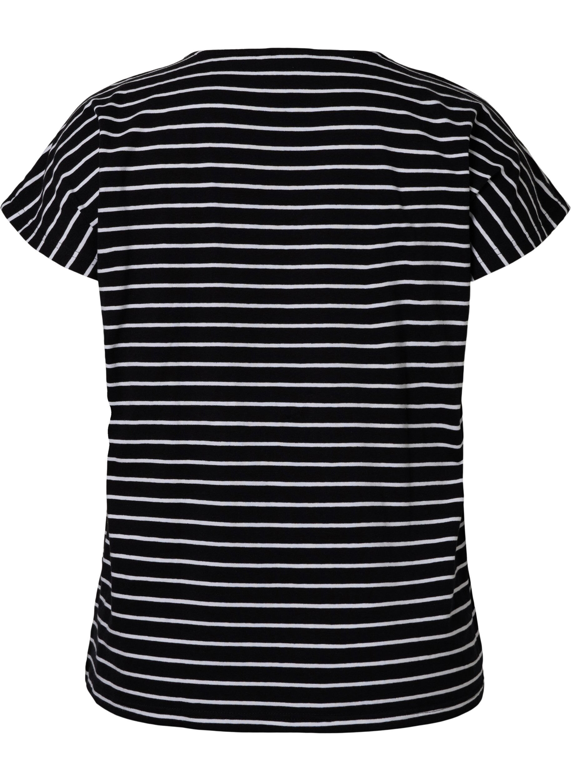 Zizzi 	 Katoenen t-shirt met strepen, Black W. Stripe, Packshot image number 1