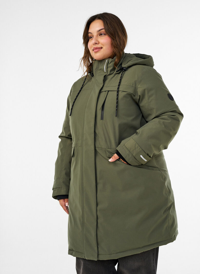 Waterafstotende parka met capuchon en functionele details, Groen, Model image number 0
