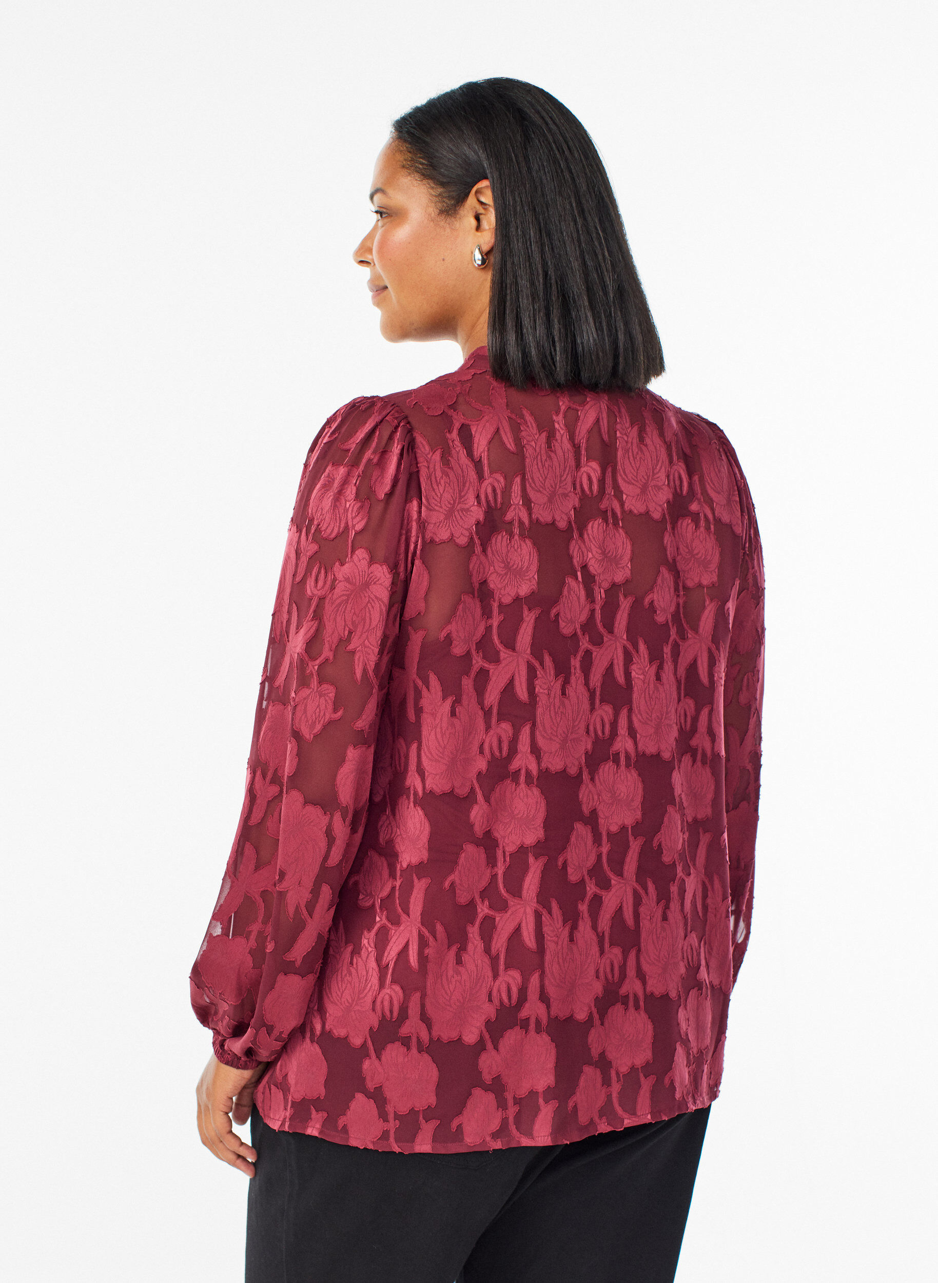 Zizzi Blouse met knoopjes en bloemenpatroon, Donker Bordeaux, Model image number 2