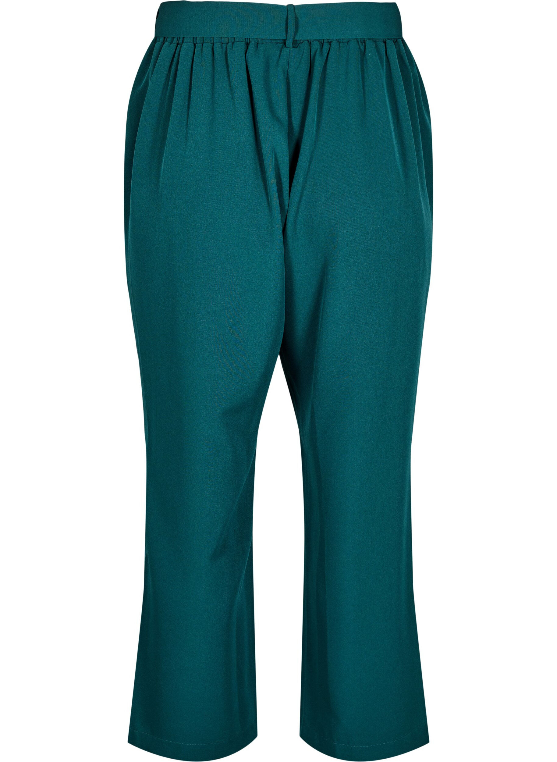 Zizzi Luchtige broek met hoge taille en strikriem, Groen, Packshot image number 1
