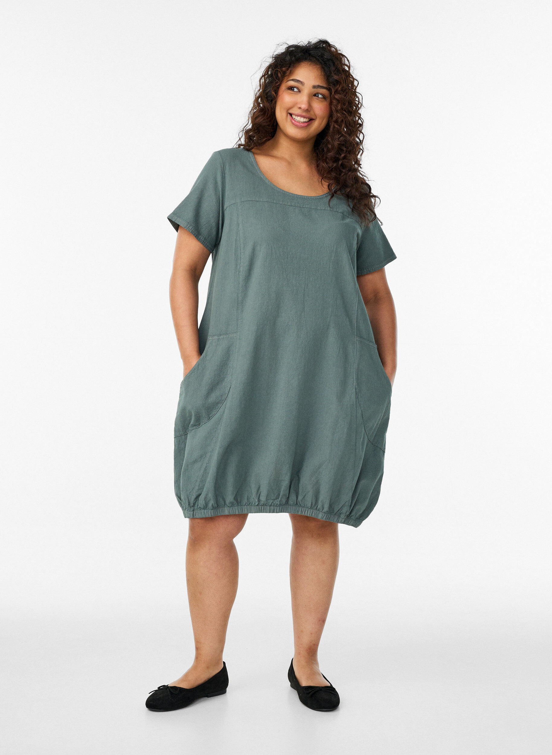 ZizziKatoenen jurk met korte mouwen, Groen, Model image number 1