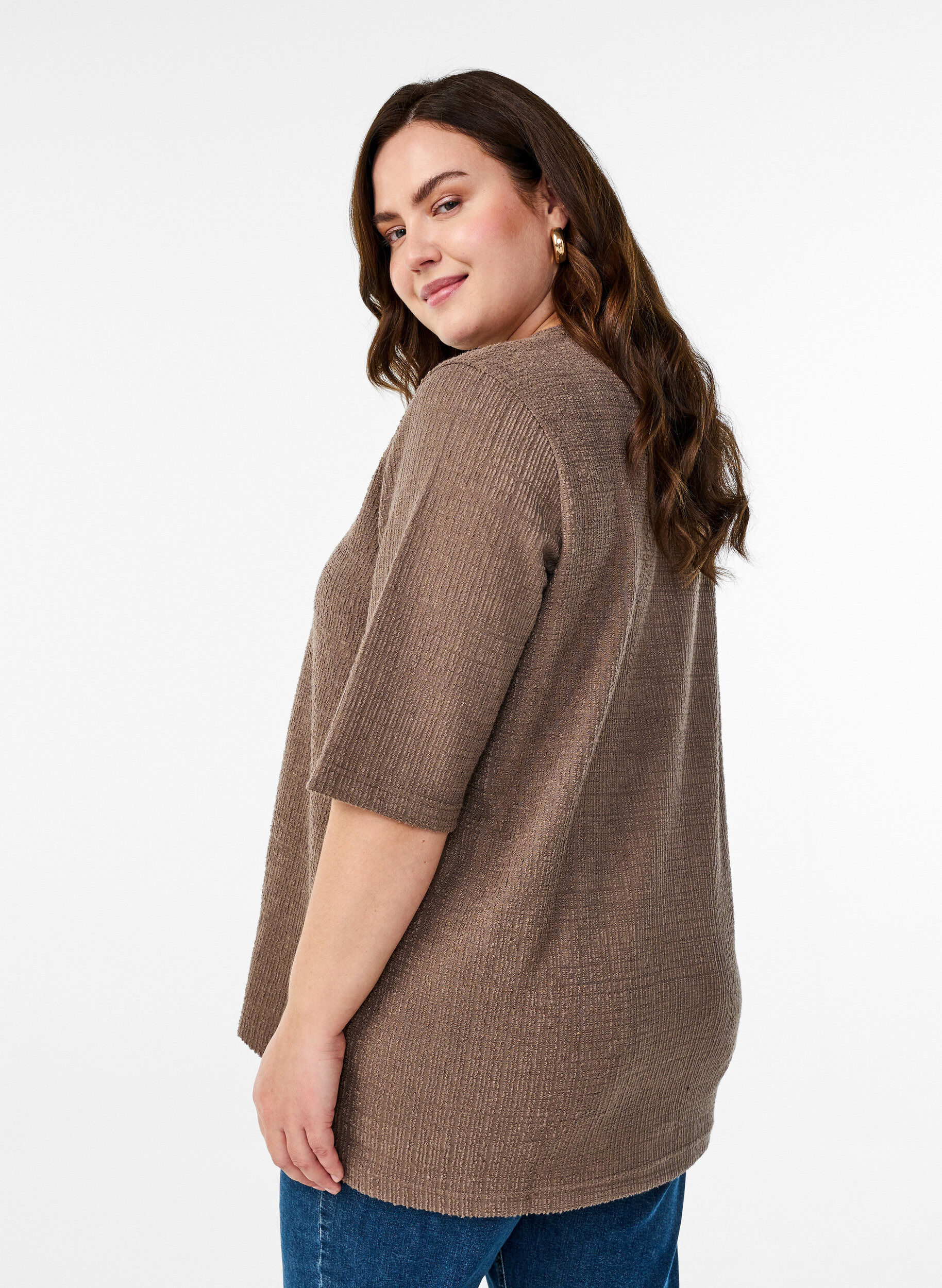 Zizzi Gestructureerde blouse met V-hals, Walnut, Model image number 1